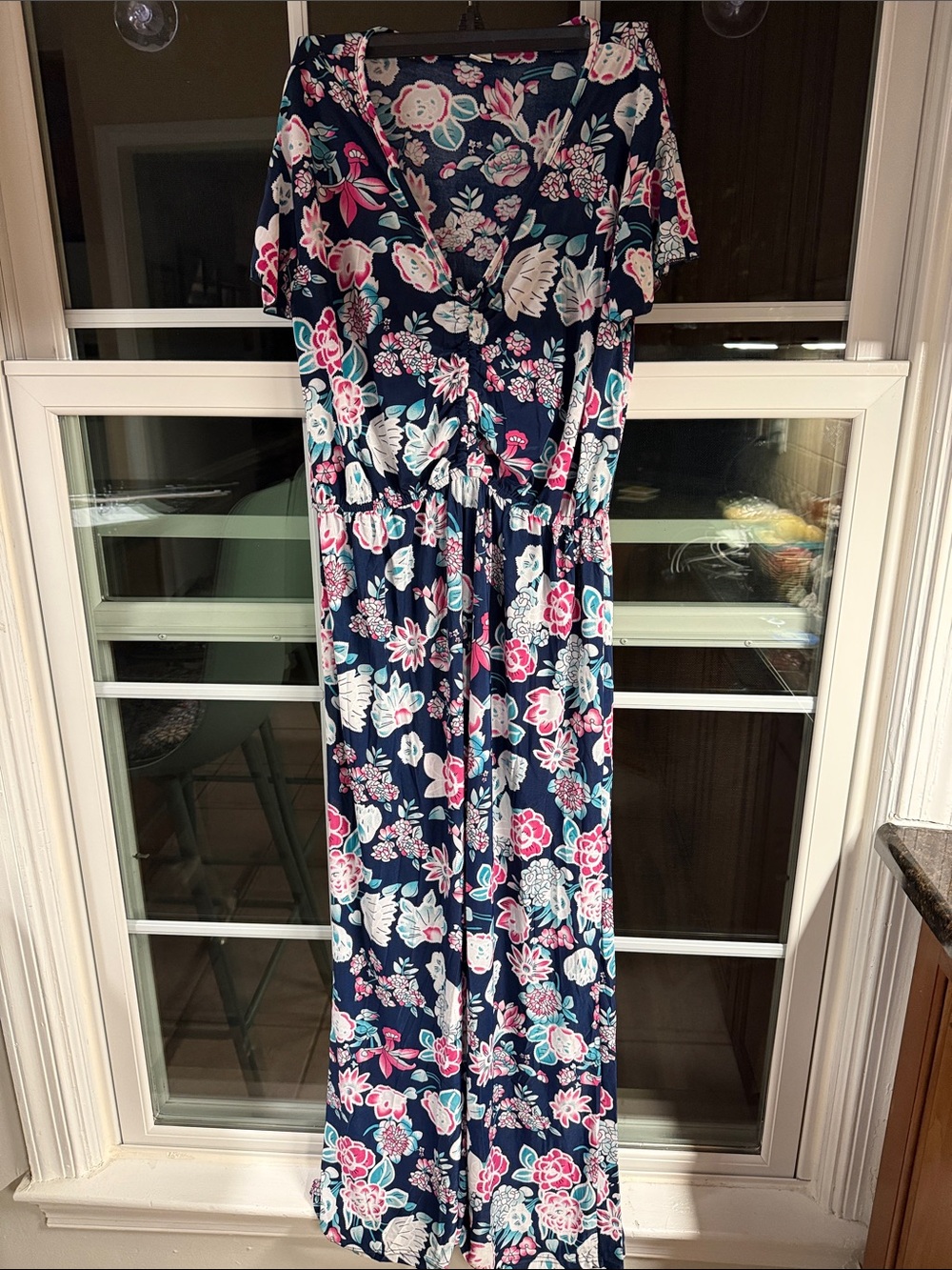 Floral Navy Maxi Dress with Pink & Teal Accents
